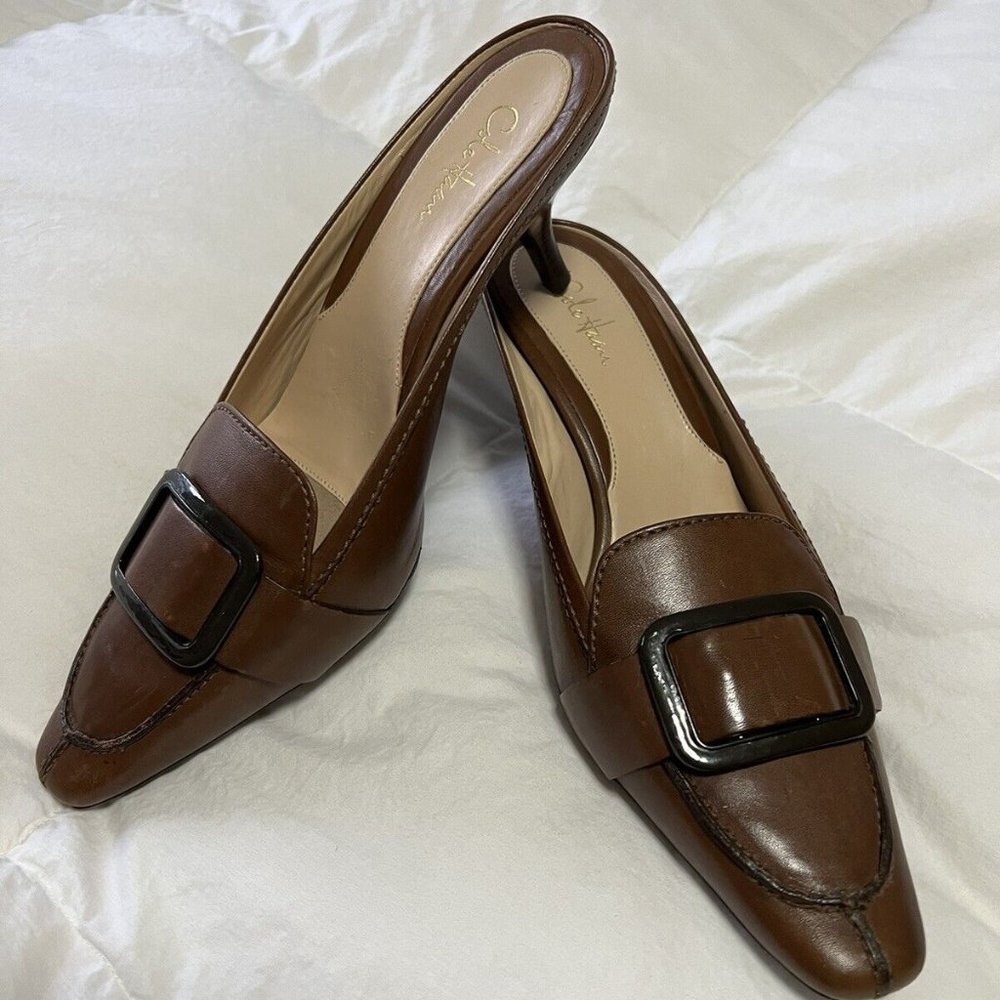 COLE HAAN Brown Leather Kitten Heel Mules~ Boucle Detail~ SZ 7.5  Excellent
